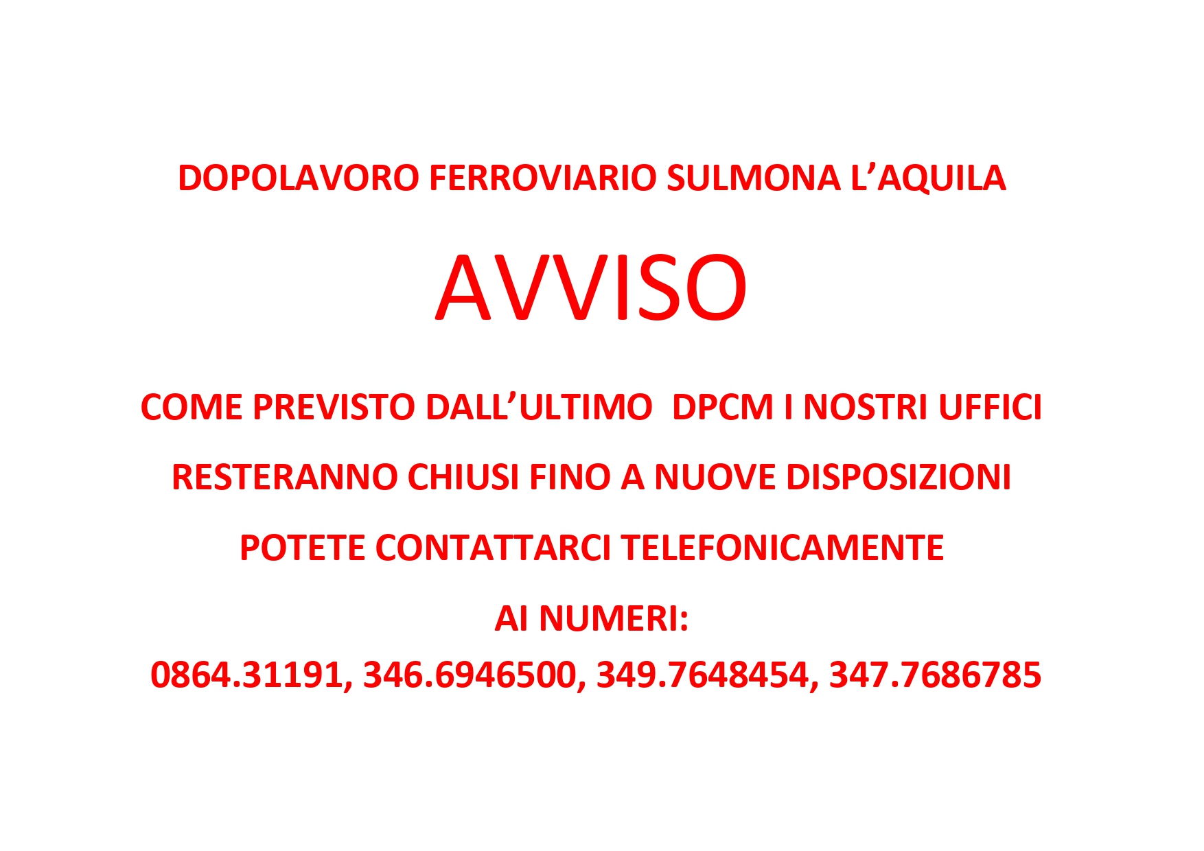 AVVISO CHIUSURA TEMPORANEA SEDE